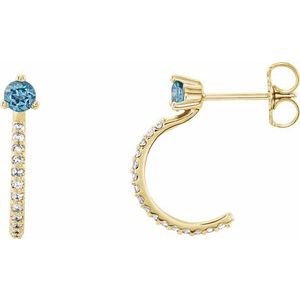 14K Yellow Gold Natural Aquamarine & 1/8 CTW Natural Diamond J-Hoop Earrings