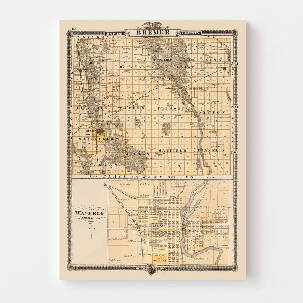 Vintage Map of Bremer County, Iowa 1875