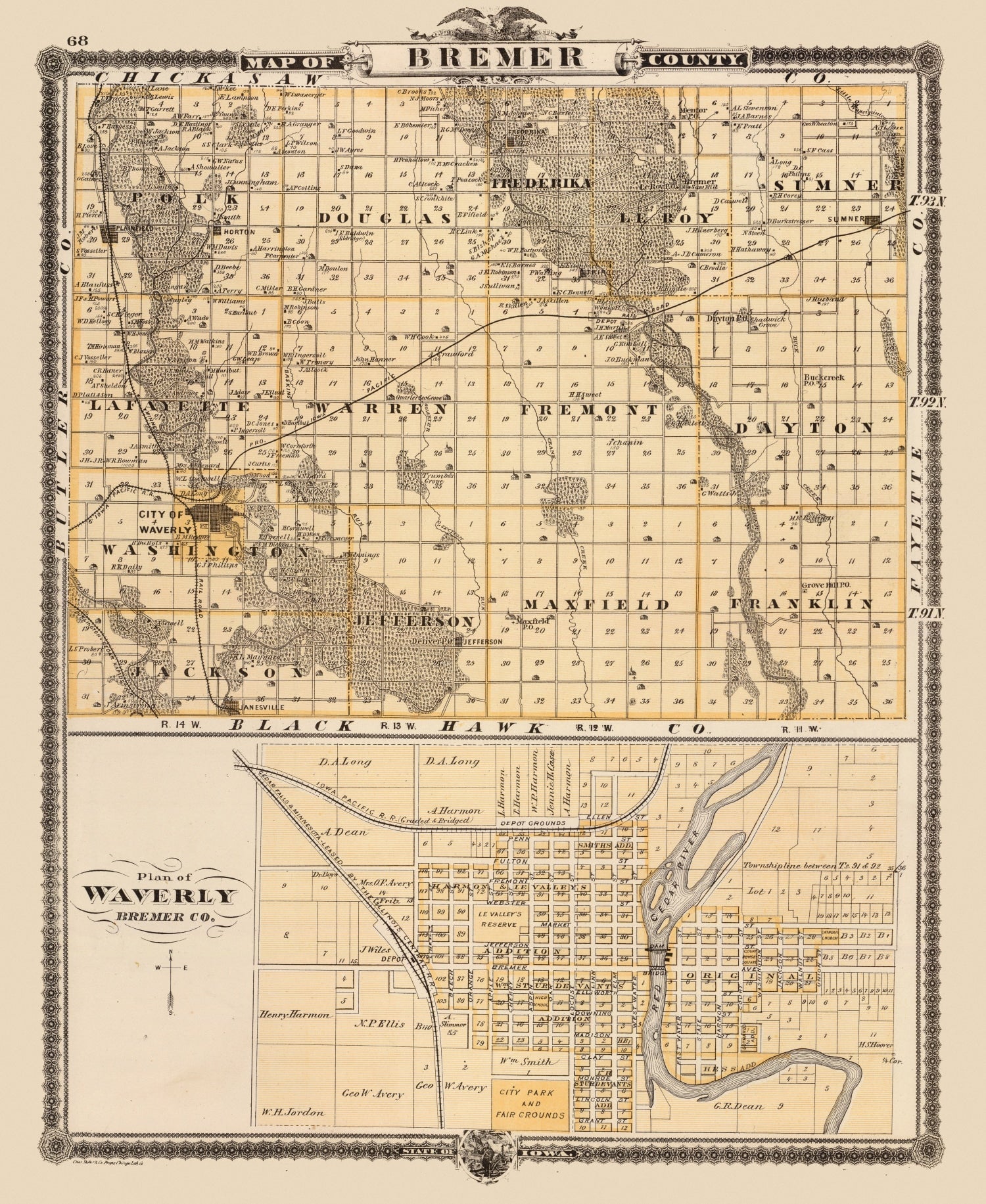 Vintage Map of Bremer County, Iowa 1875