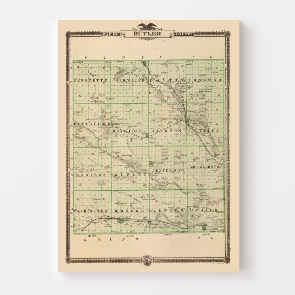 Vintage Map of Butler County, Iowa 1875
