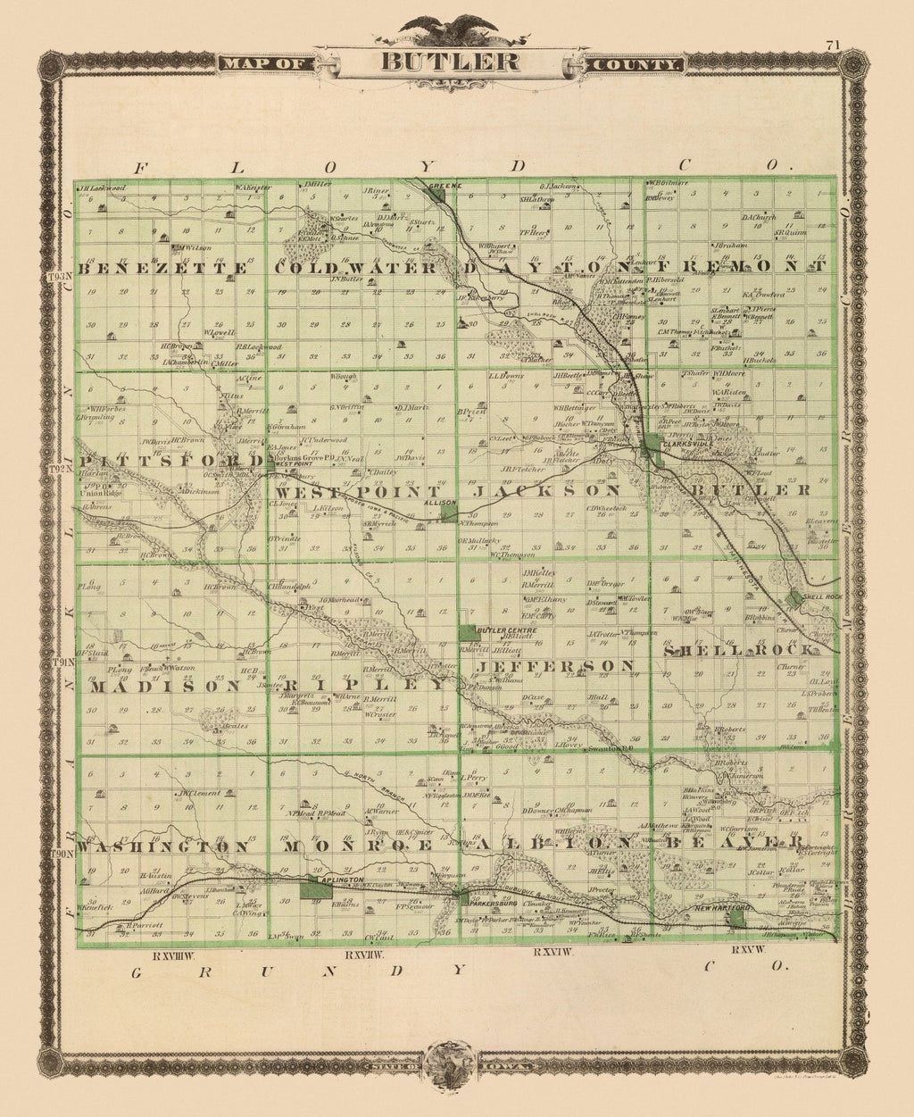 Vintage Map of Butler County, Iowa 1875