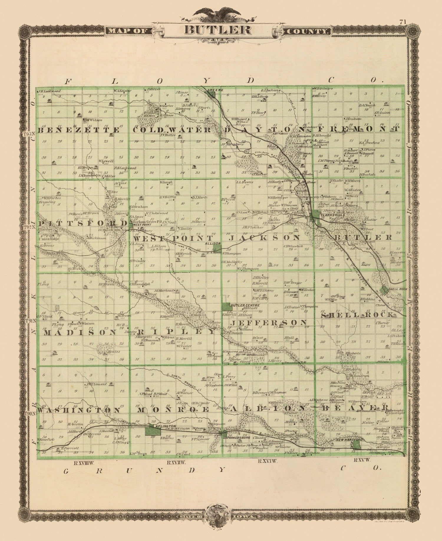Vintage Map of Butler County, Iowa 1875