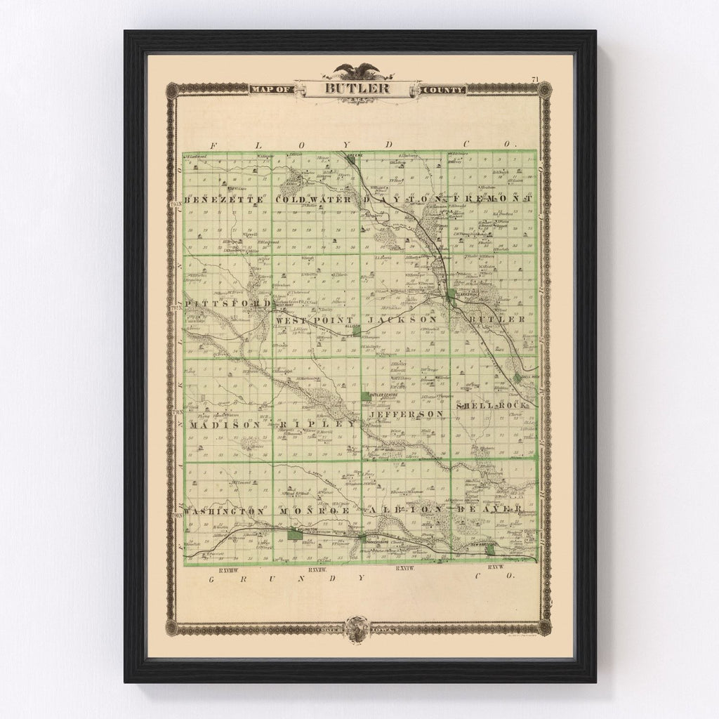 Vintage Map of Butler County, Iowa 1875