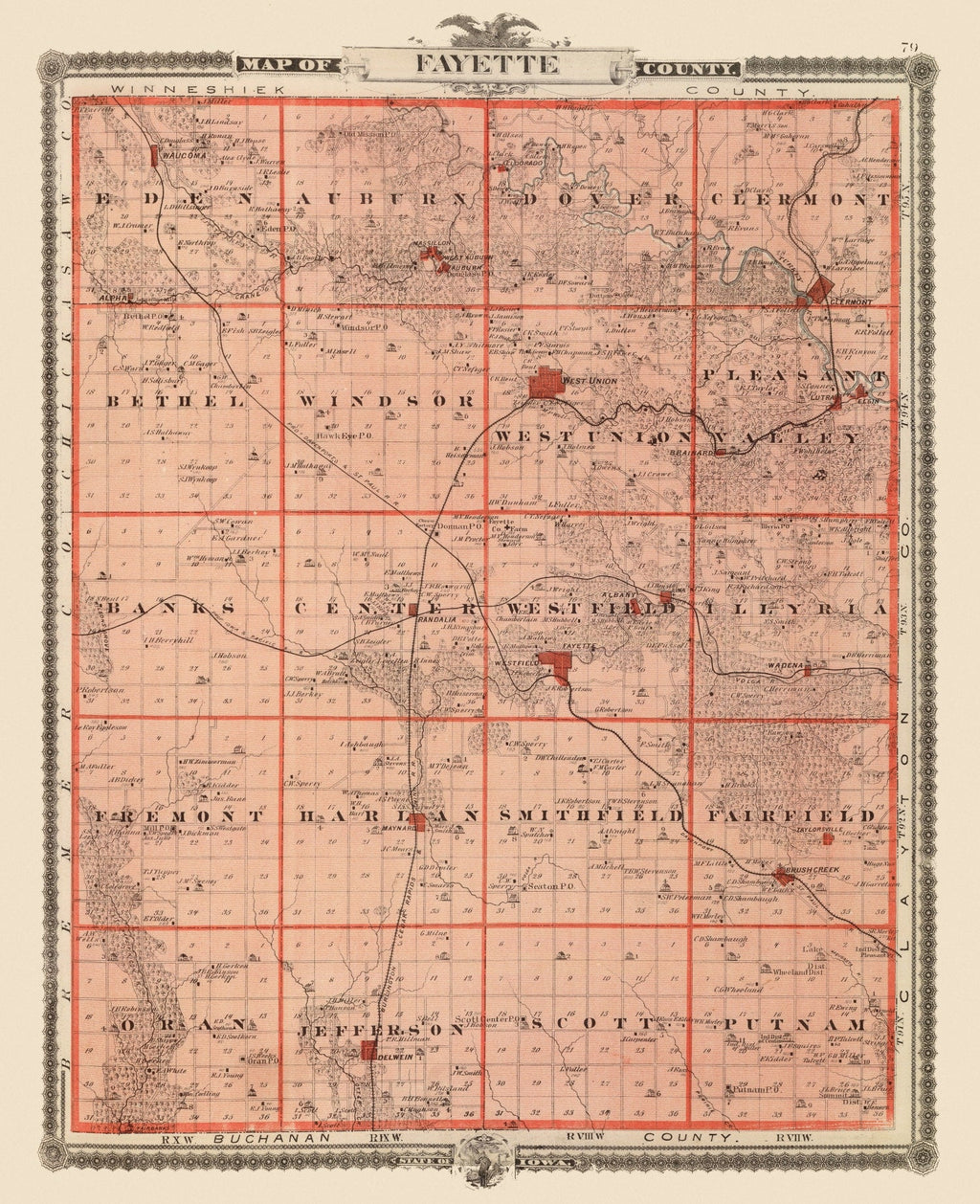 Vintage Map of Fayette County, Iowa 1875