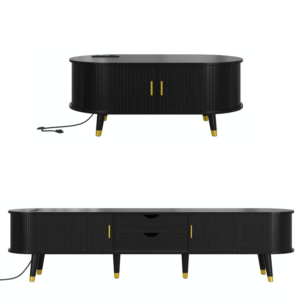 Wooden Farmhouse TV Stand & Coffee Table Set with Charging Station, Oval Fluted Media Console with Sliding Doors for TVs up to 80', Mid-Century Center Table with Solid Wood Legs for Living Room,Black