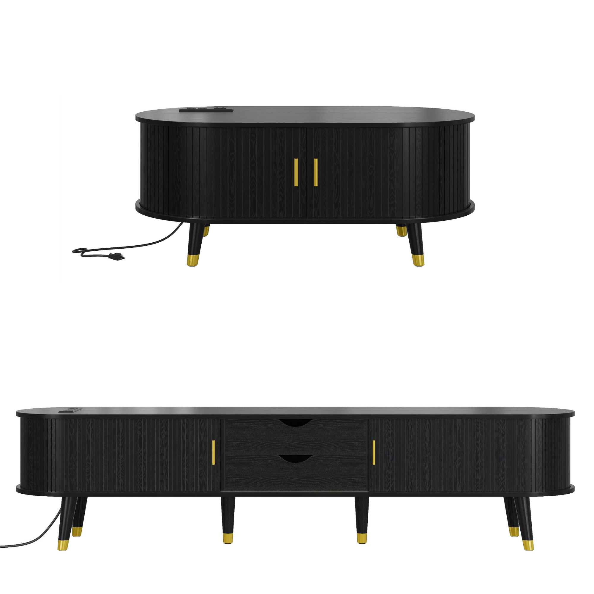 Wooden Farmhouse TV Stand & Coffee Table Set with Charging Station, Oval Fluted Media Console with Sliding Doors for TVs up to 80', Mid-Century Center Table with Solid Wood Legs for Living Room,Black