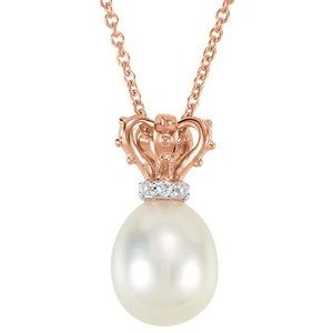 14K Rose/White Gold Cultured White Freshwater Pearl & .015 CTW Natural Diamond Crown 18" Necklace