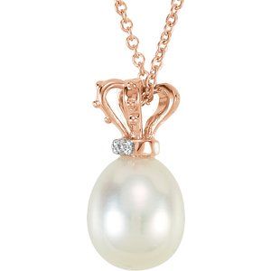 14K Rose/White Gold Cultured White Freshwater Pearl & .015 CTW Natural Diamond Crown 18" Necklace
