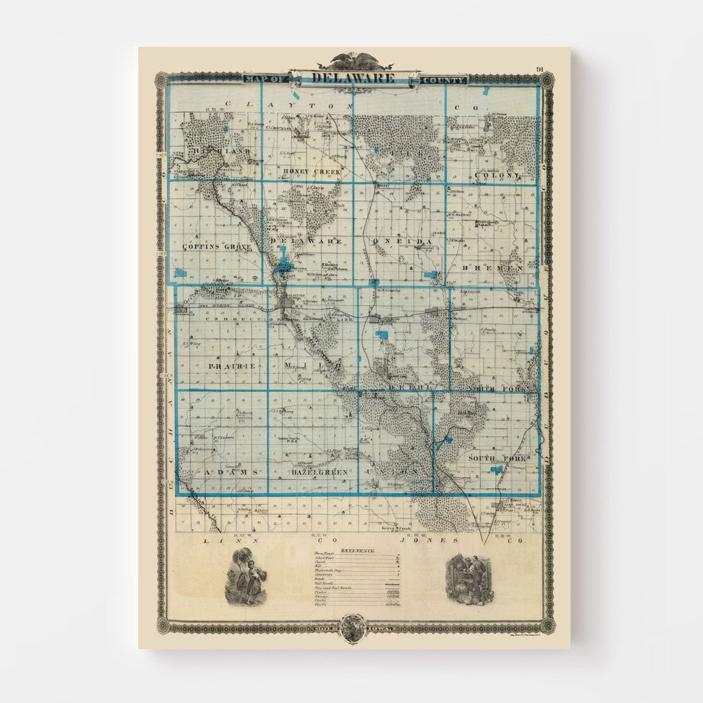 Vintage Map of Delaware County, Iowa 1875