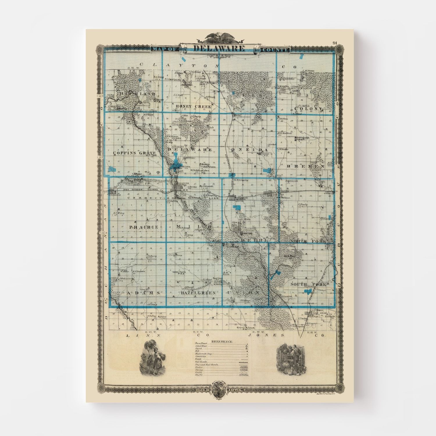 Vintage Map of Delaware County, Iowa 1875