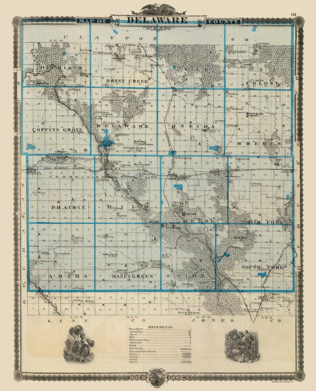 Vintage Map of Delaware County, Iowa 1875