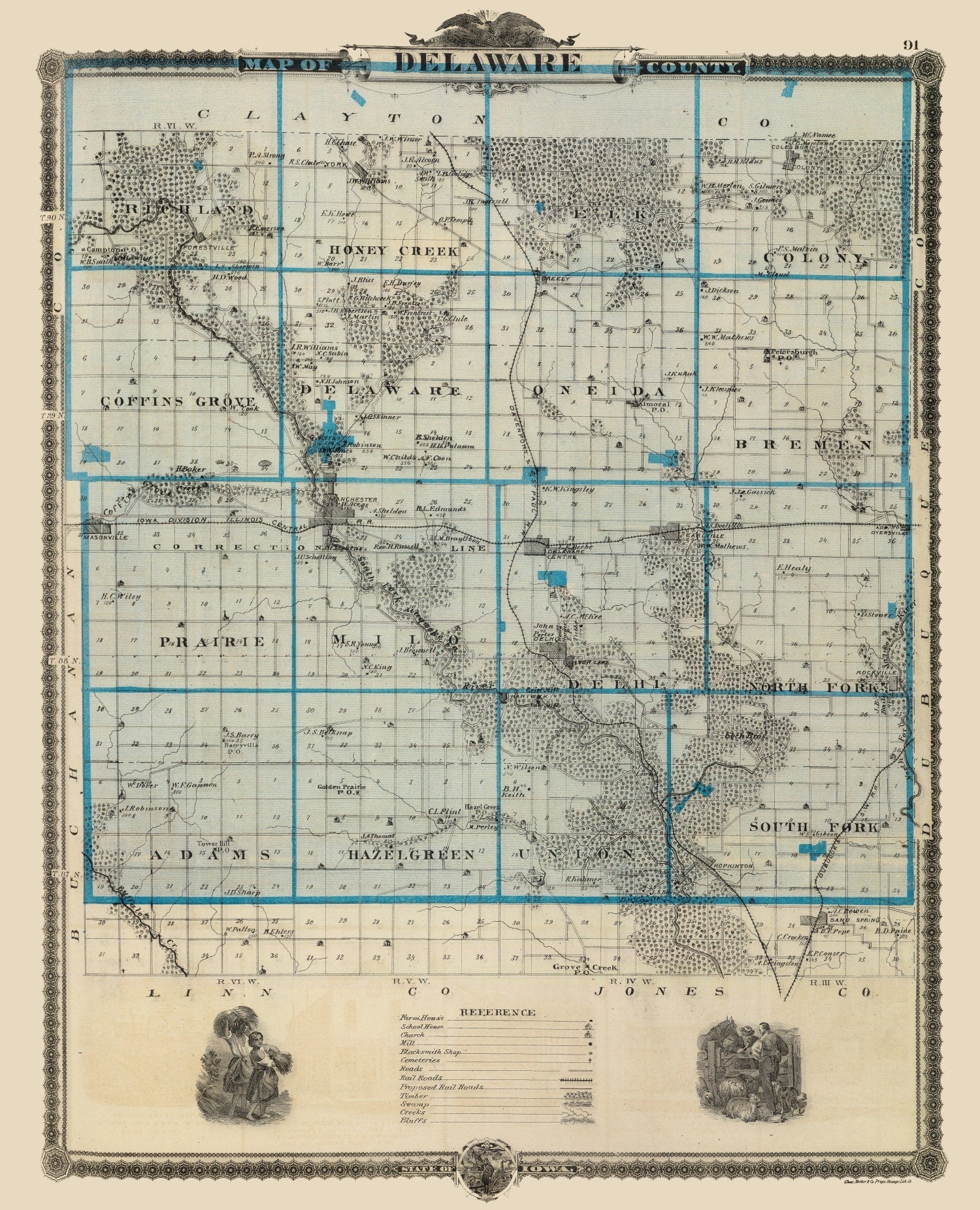 Vintage Map of Delaware County, Iowa 1875