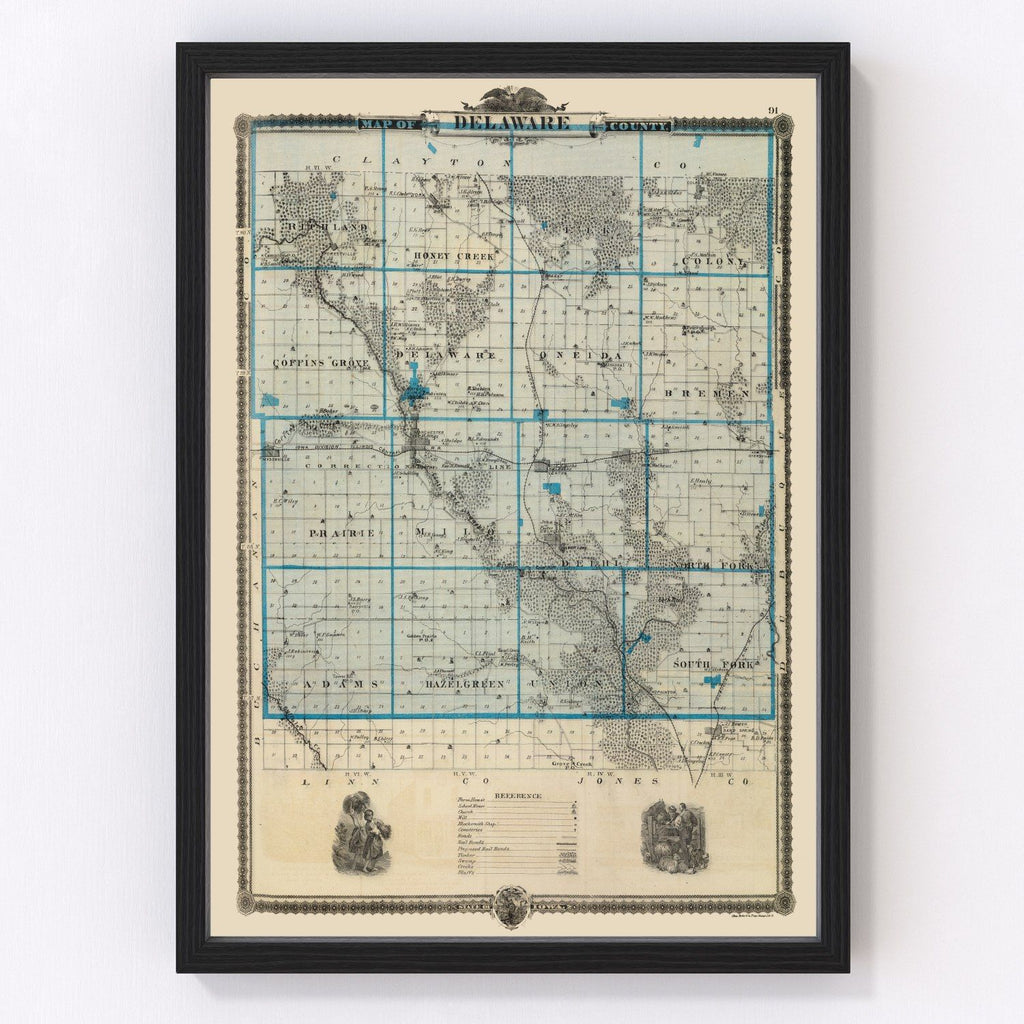 Vintage Map of Delaware County, Iowa 1875