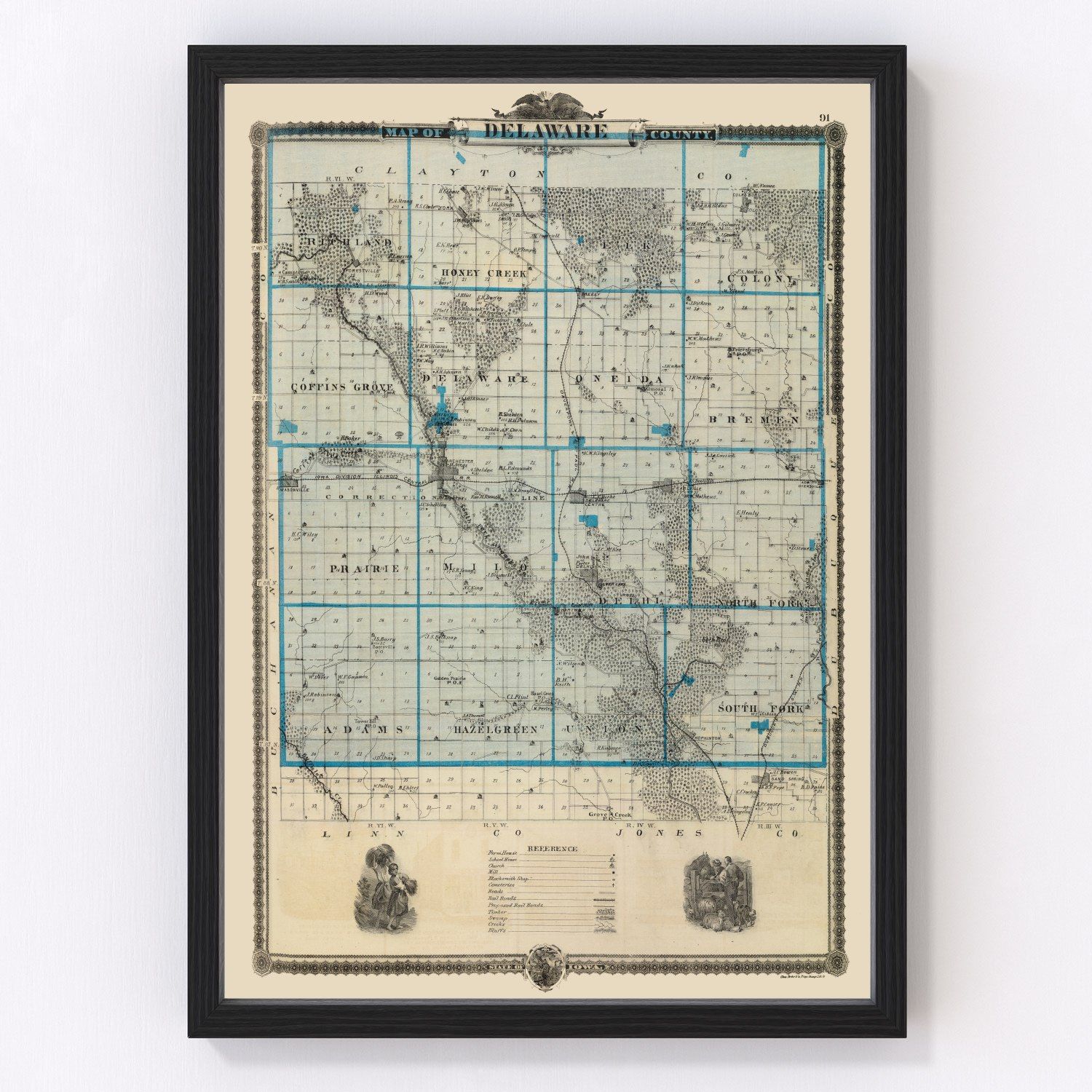 Vintage Map of Delaware County, Iowa 1875