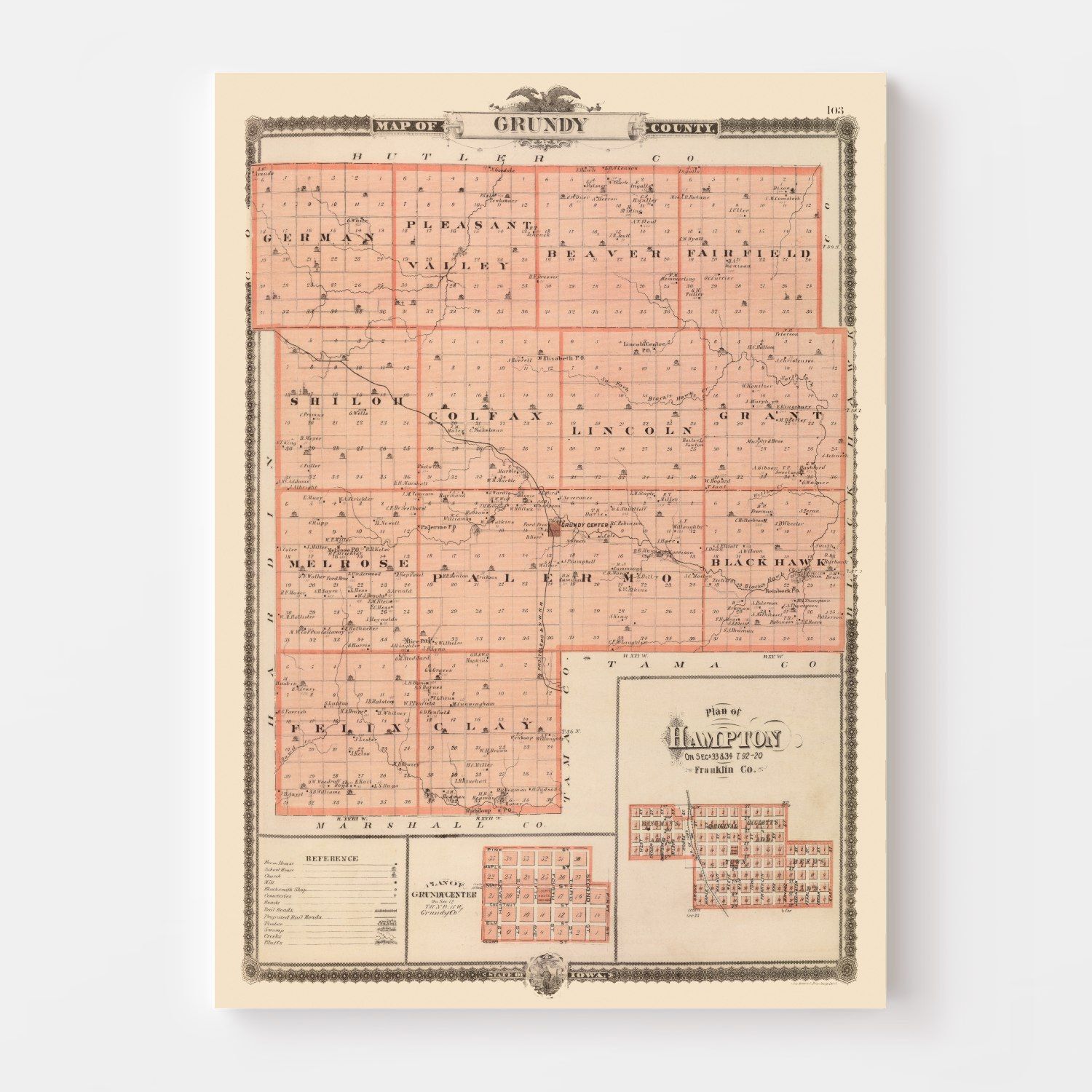Vintage Map of Grundy County, Iowa 1875