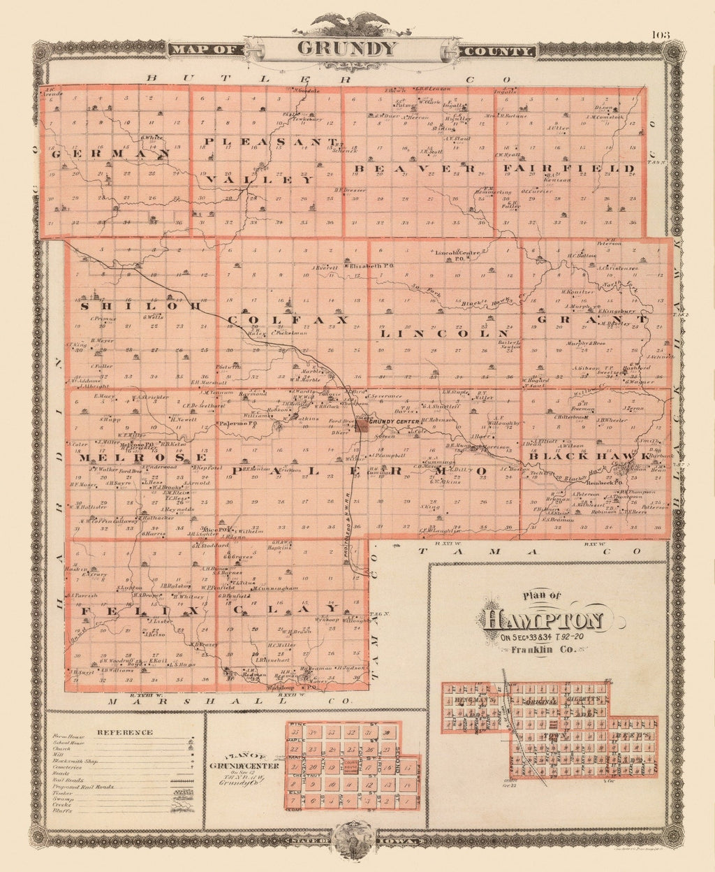 Vintage Map of Grundy County, Iowa 1875