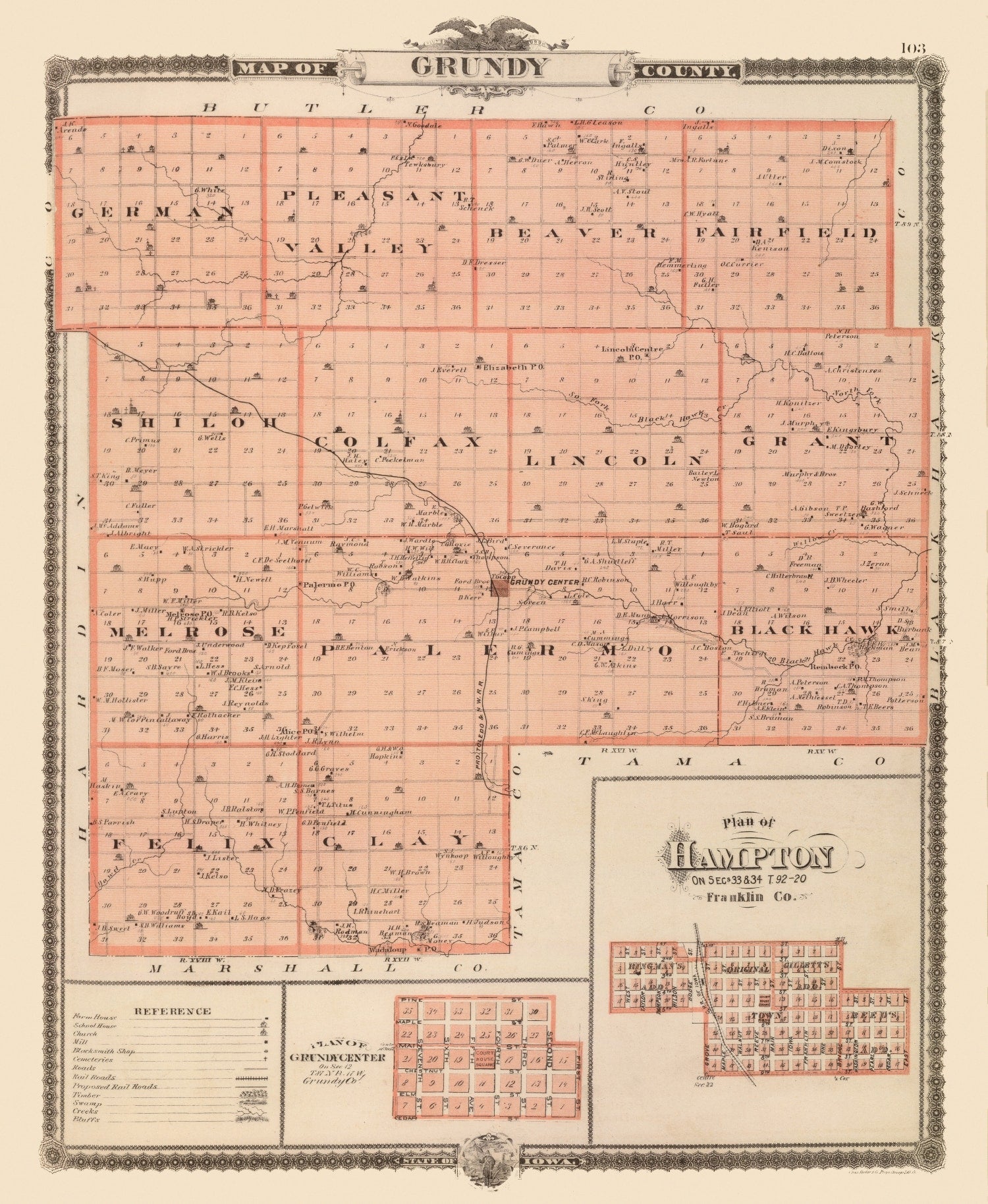 Vintage Map of Grundy County, Iowa 1875