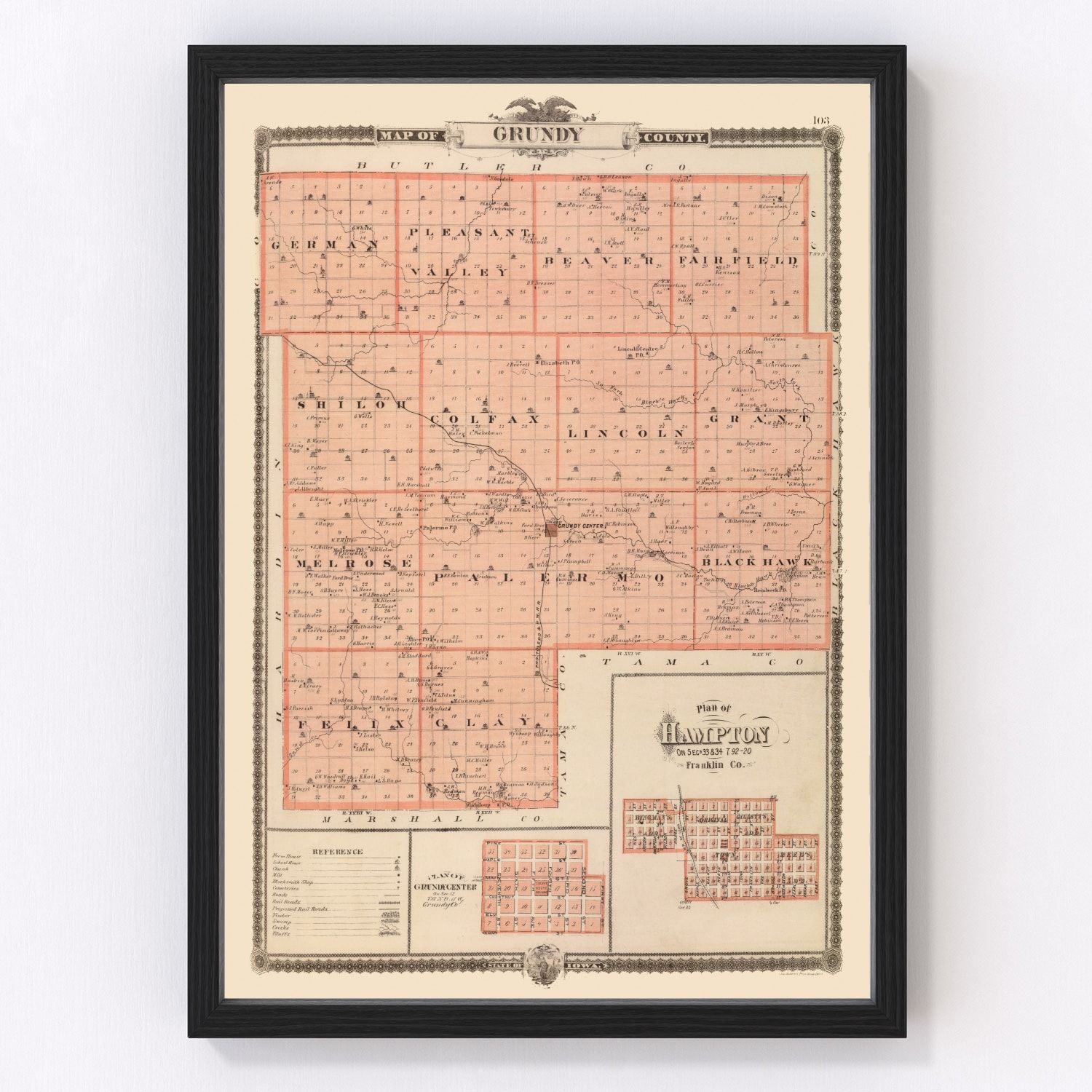 Vintage Map of Grundy County, Iowa 1875