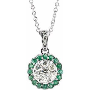 14K White Gold  Natural Emerald & 1/3 CTW  Natural Diamond 16-18" Necklace