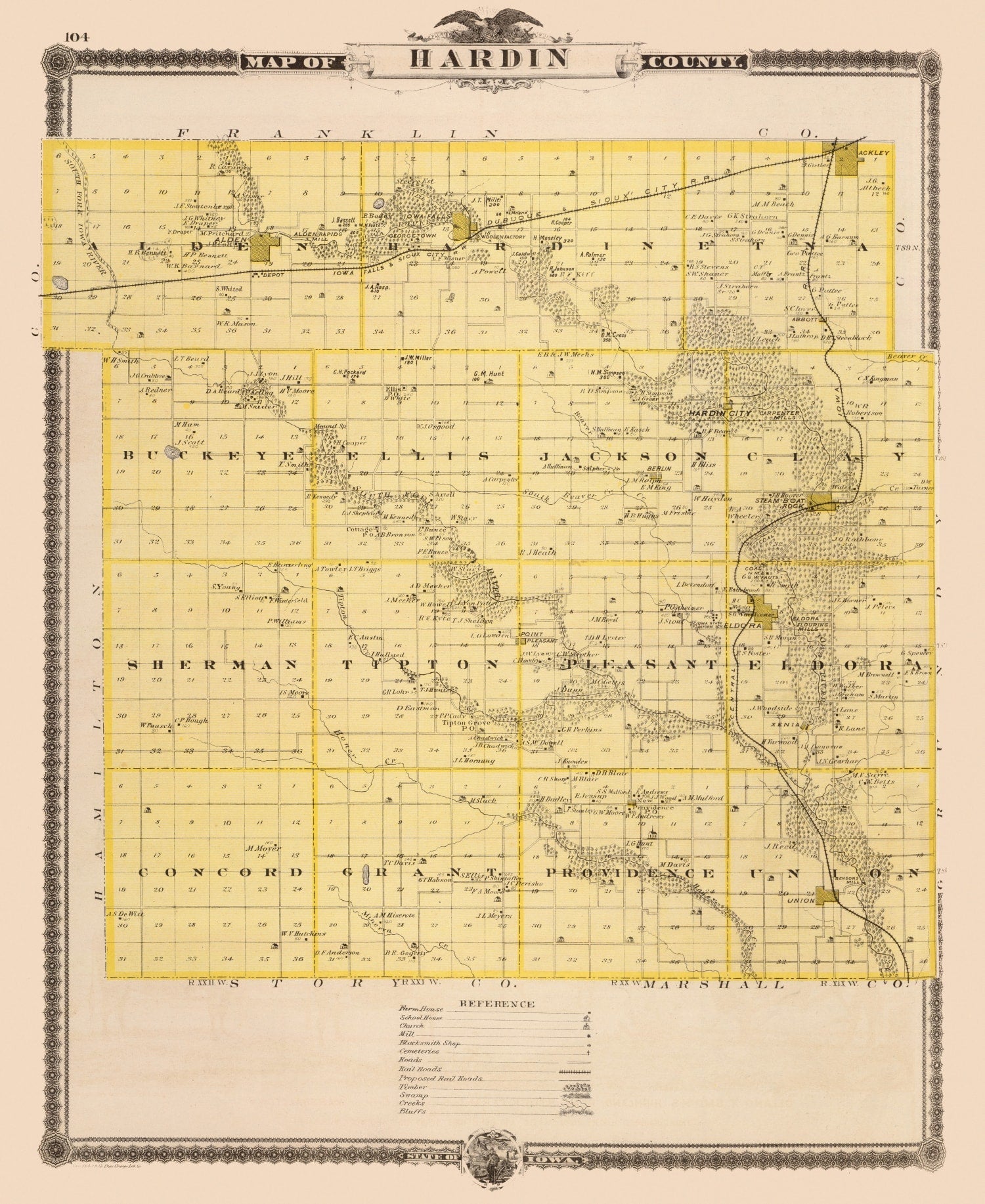 Vintage Map of Hardin County, Iowa 1875