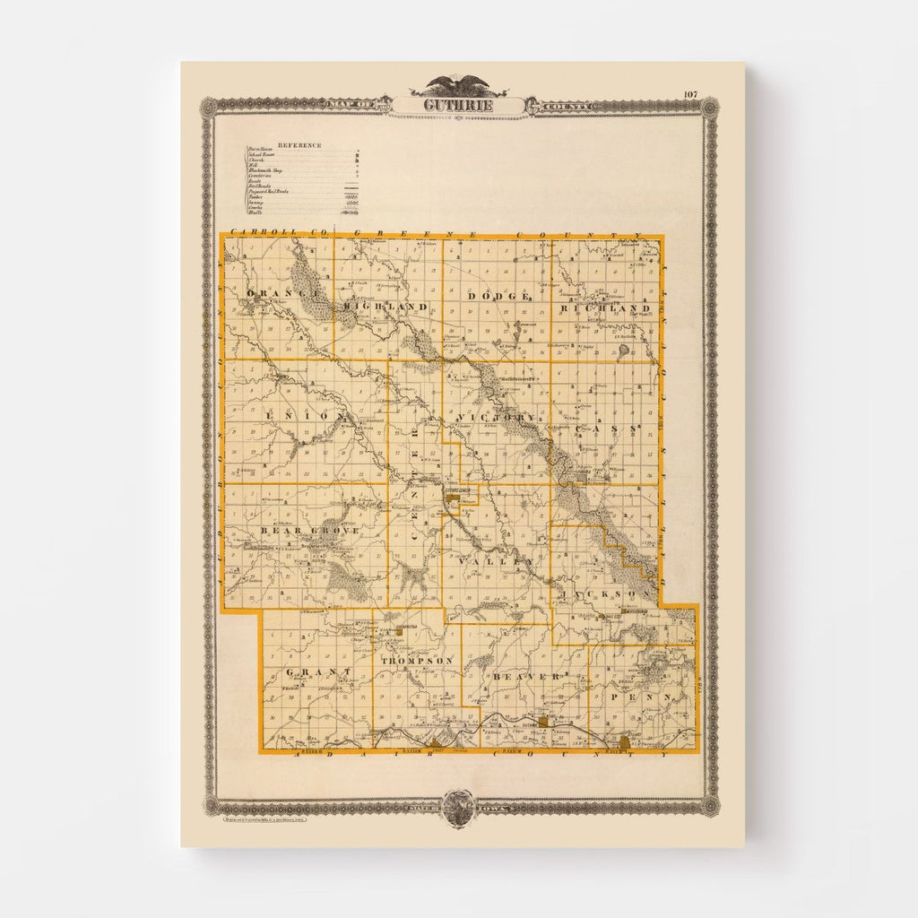 Vintage Map of Guthrie County, Iowa 1875