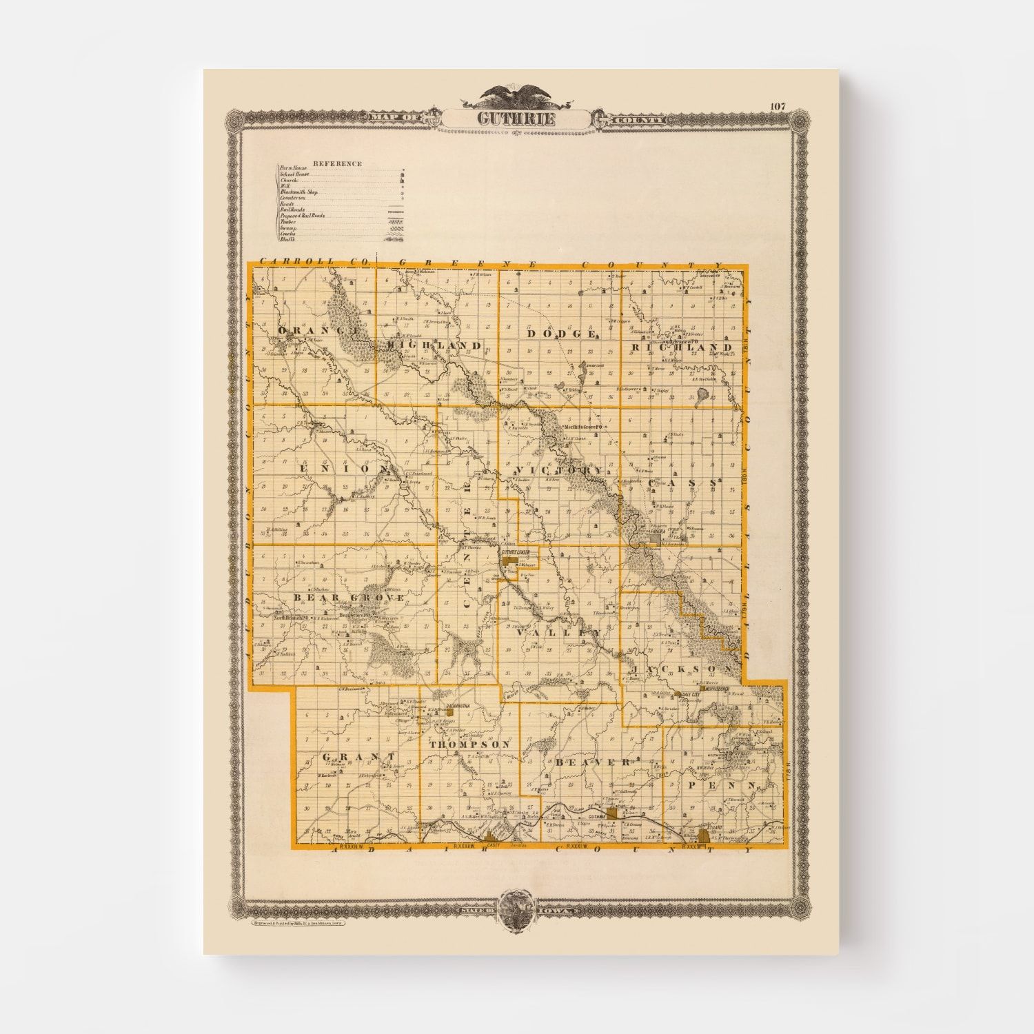 Vintage Map of Guthrie County, Iowa 1875