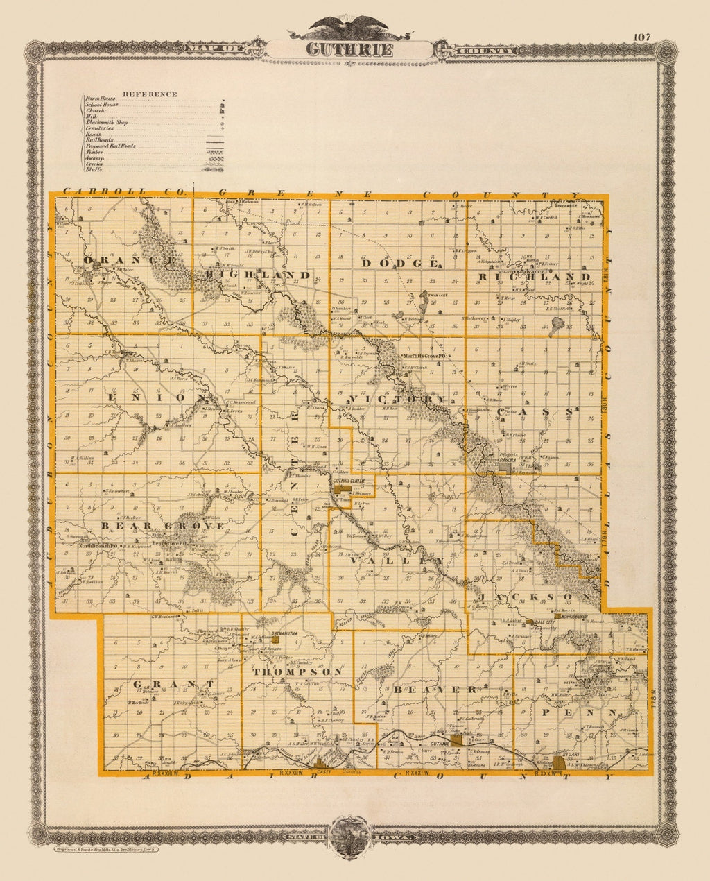 Vintage Map of Guthrie County, Iowa 1875