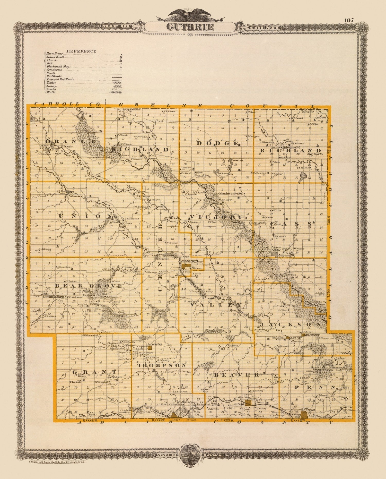 Vintage Map of Guthrie County, Iowa 1875