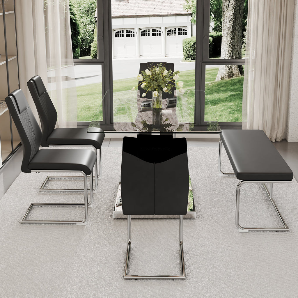 Table and chair set. Luxury Tempered Glass Dining Table Set - 63'x35.4' With 4 Chairs and 1 Bench,A Choice of Subtle Luxury for Modern Homes.Tempered Glass Tabletop,MDF OC Shaped Bracket.W1151S02896