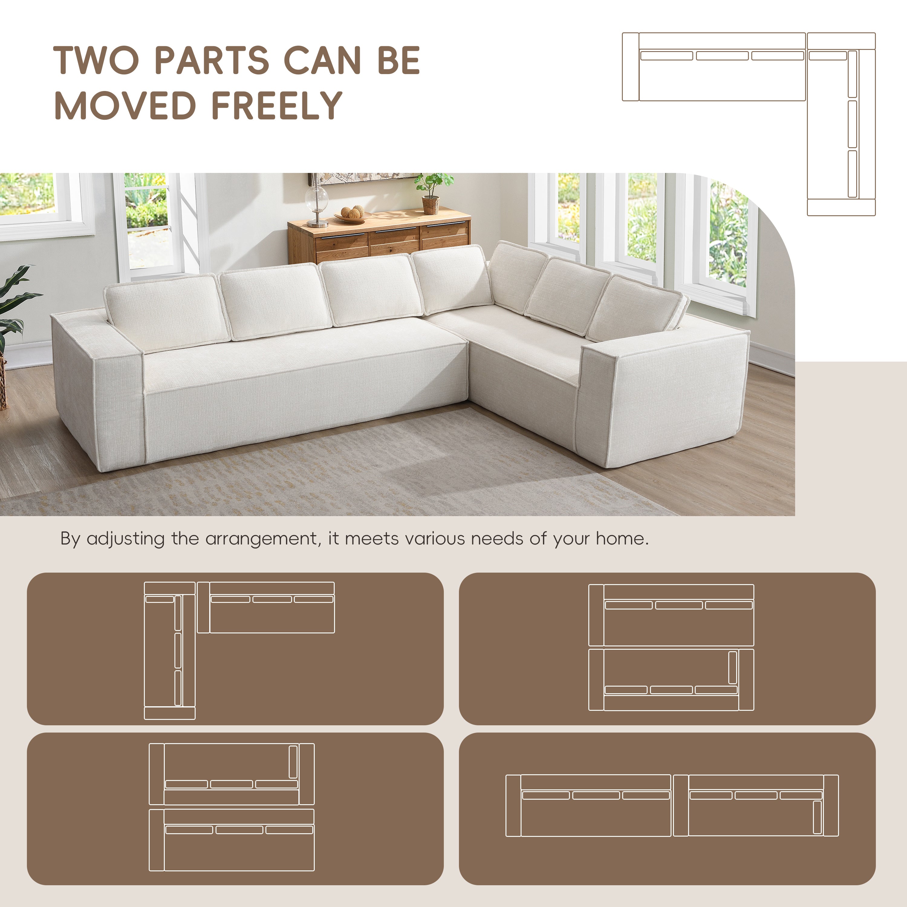 [VIDEO+New]129.5' Minimalist Style Modular Sectional Sofa,6 Seat Wrinkle-resistant Chenille Couch Set,2 PC Free Combination,Modern L-Shaped Cloud Sofa Set for Living Room,No Assembly Require,3 Colors