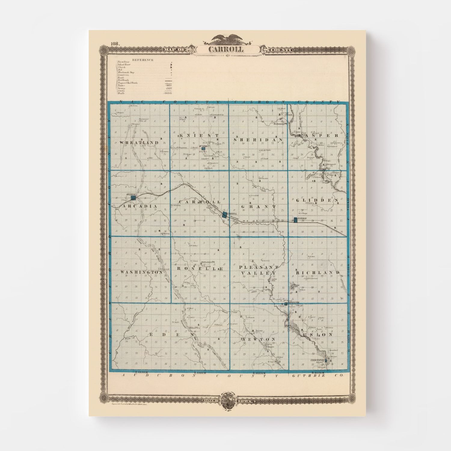 Vintage Map of Carroll County, Iowa 1875