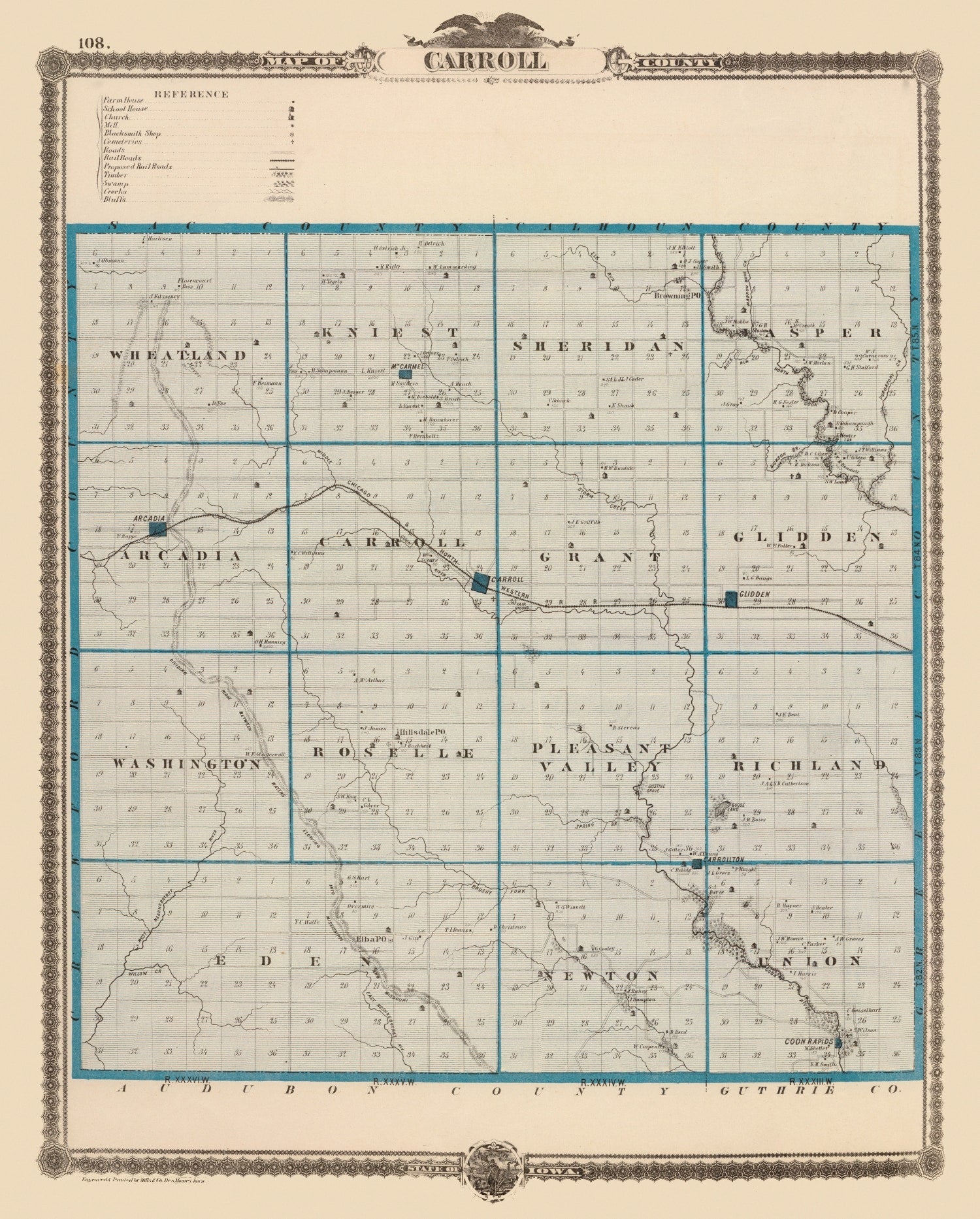 Vintage Map of Carroll County, Iowa 1875