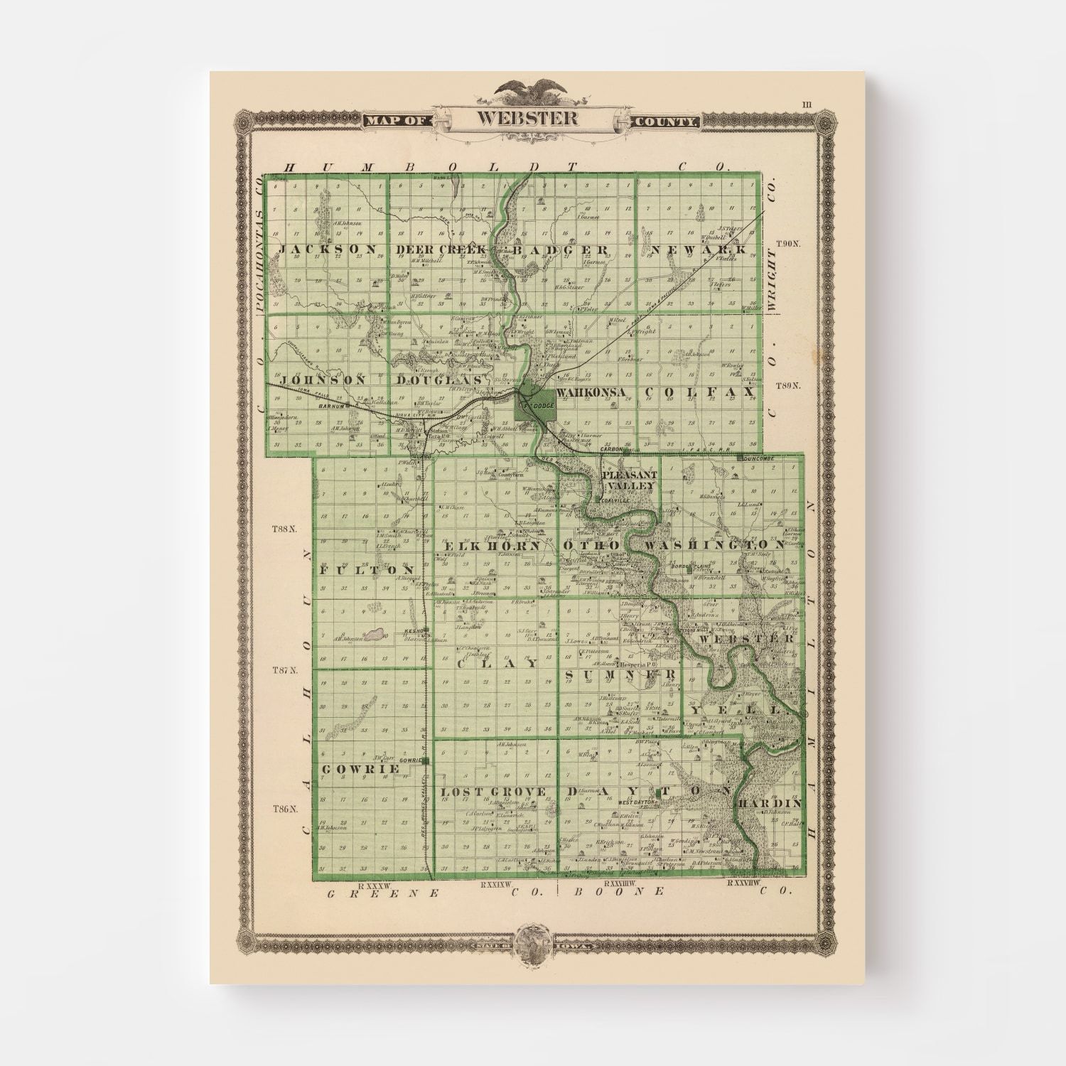 Vintage Map of Webster County, Iowa 1875