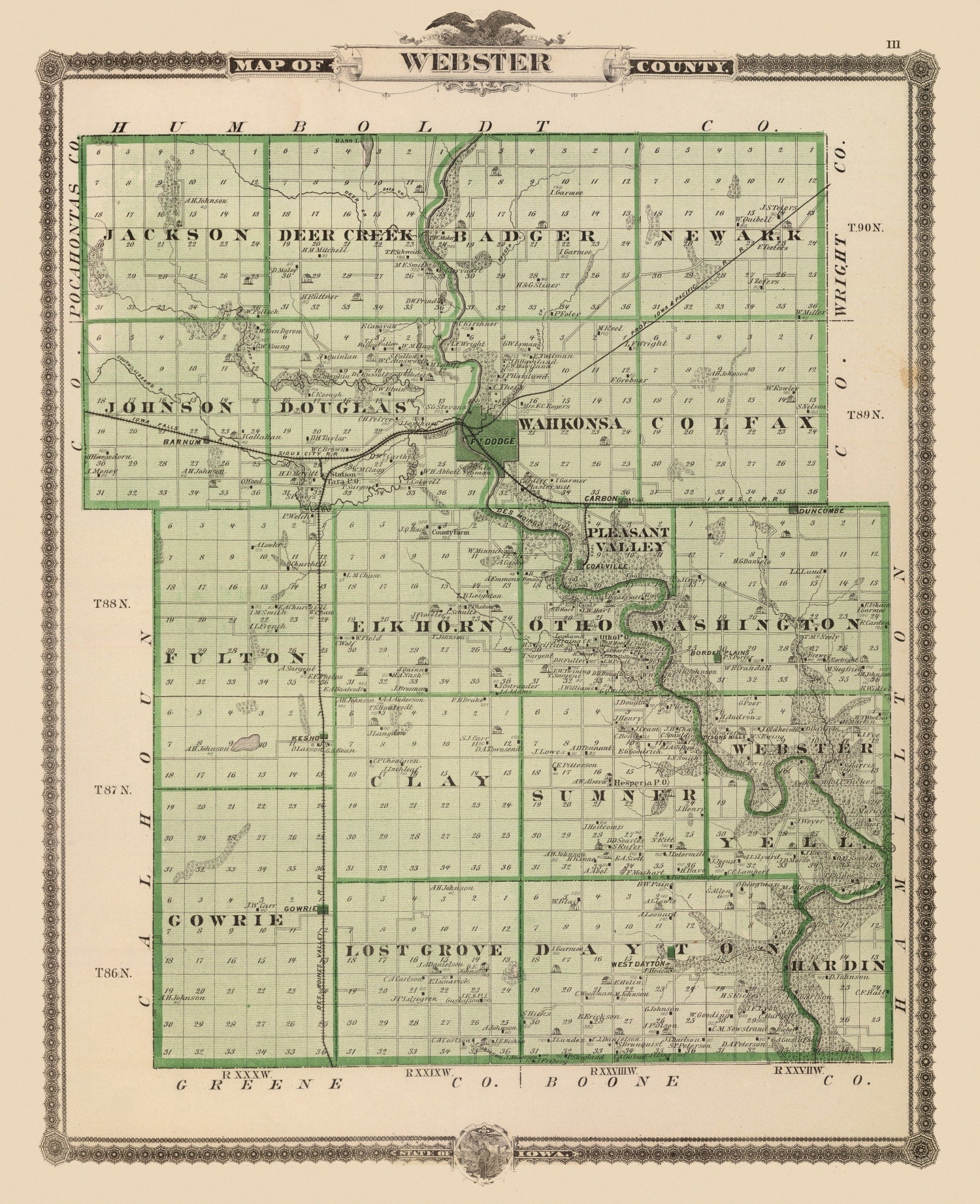 Vintage Map of Webster County, Iowa 1875