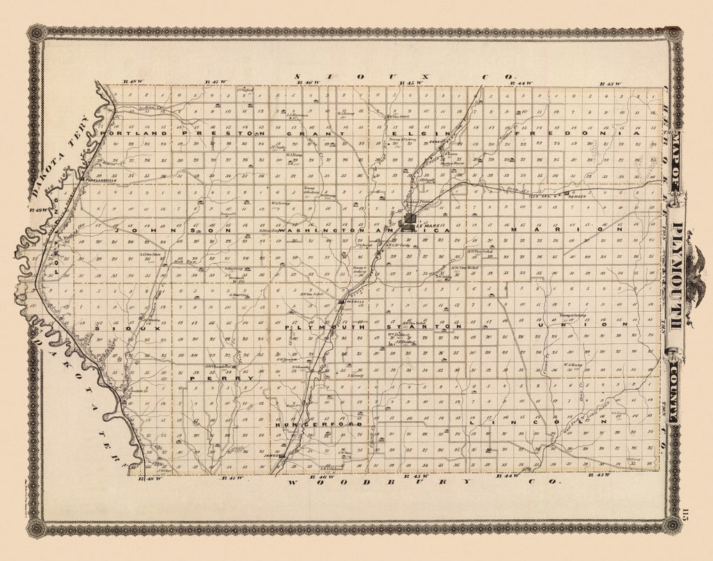Vintage Map of Plymouth County, Iowa 1875