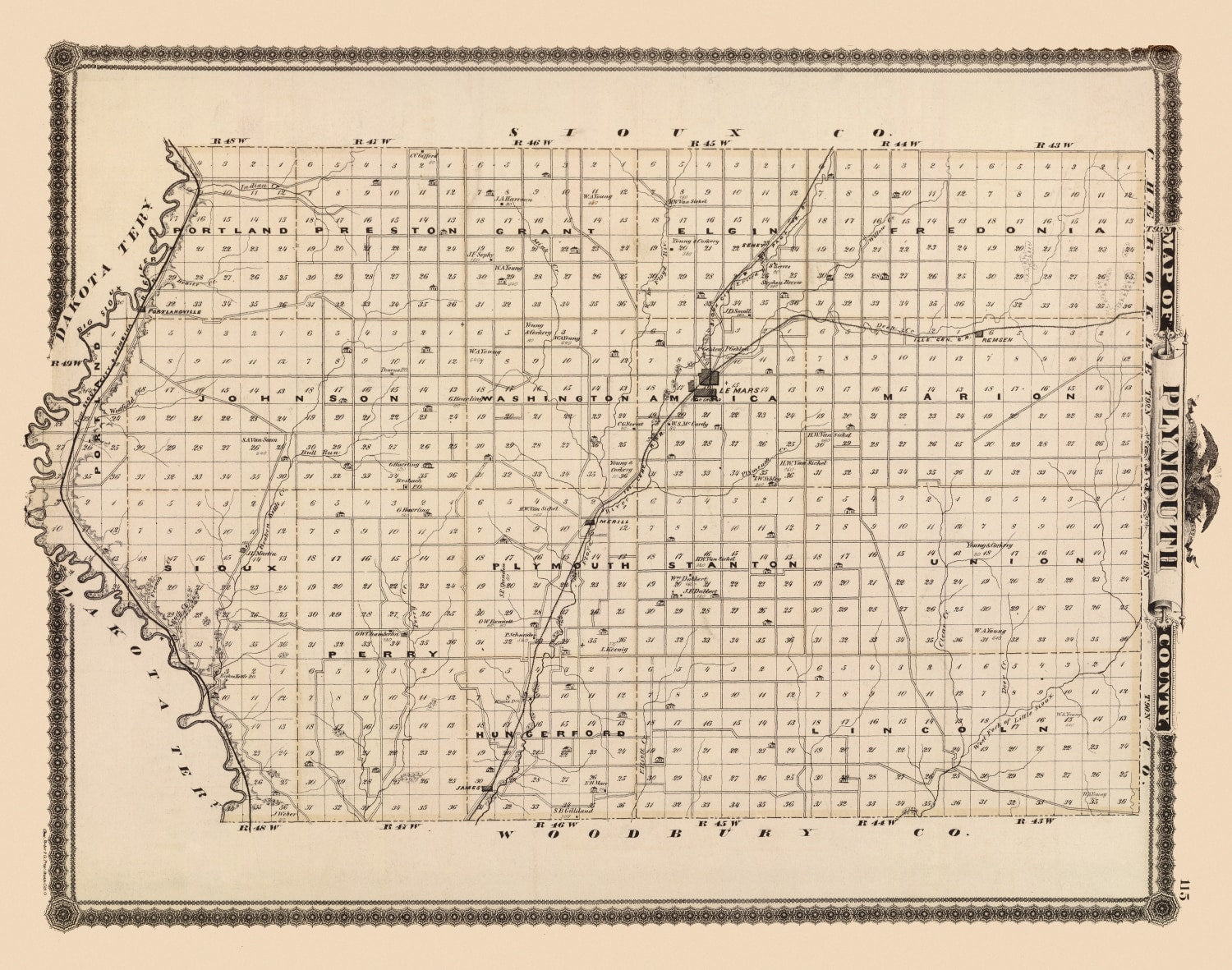 Vintage Map of Plymouth County, Iowa 1875