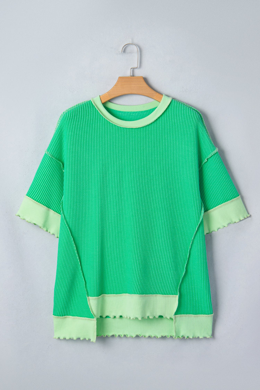 Colorblock Corded Knit Uneven Hem T-Shirt