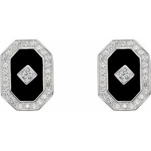 Sterling Silver Natural Black Onyx & Imitation White Cubic Zirconia Halo-Style Earrings – image 2
