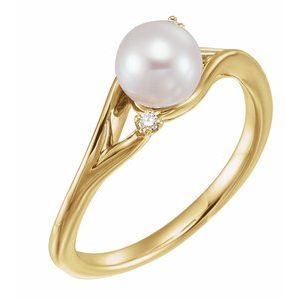 14K Yellow Gold Cultured White Freshwater Pearl & .03 CTW Natural Diamond Bypass Ring