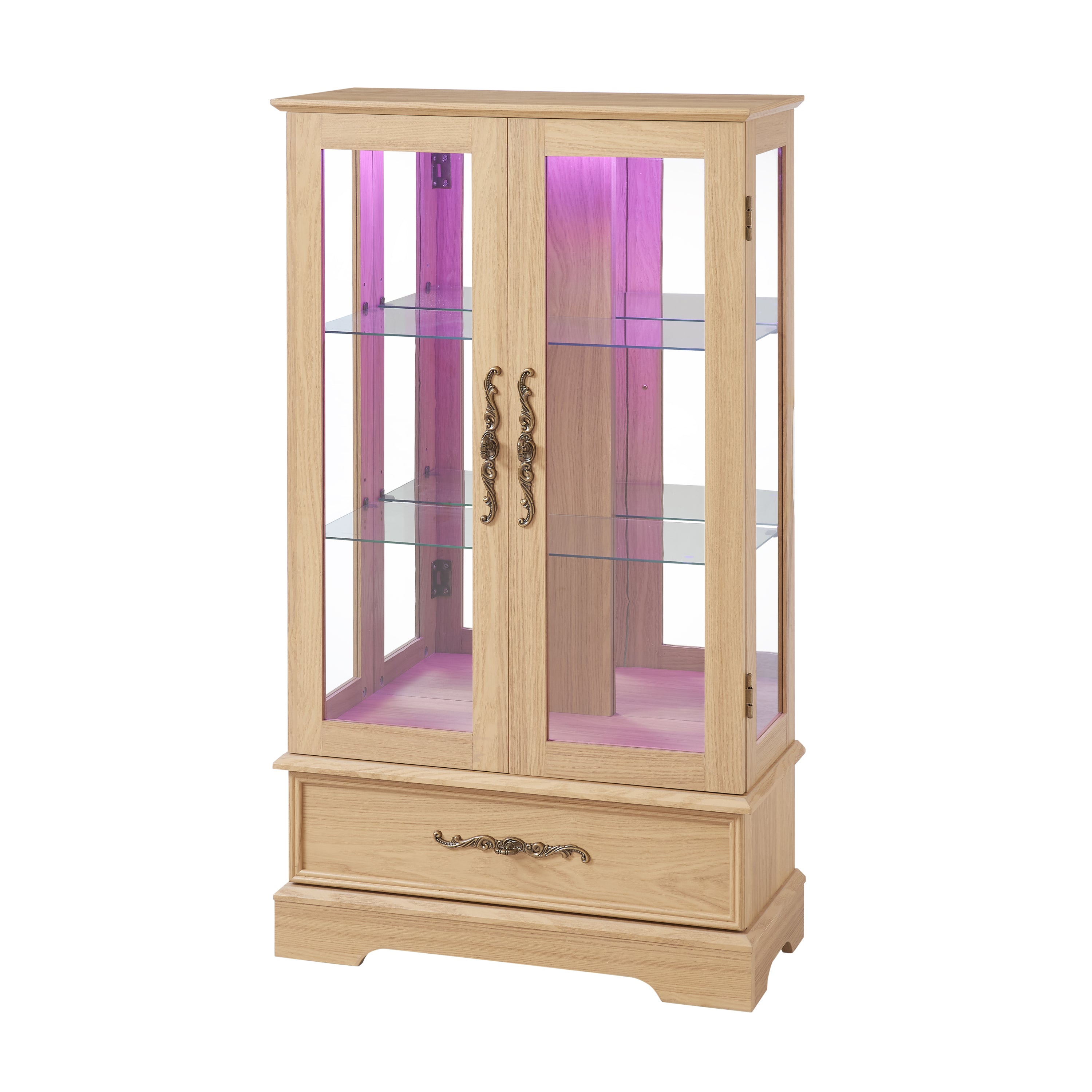 Lighted Glass Curio Display Cabinet with Adjustable Shelves - 2 Doors, 1 Drawer, LED Lights, Elegant Light Oak Finish