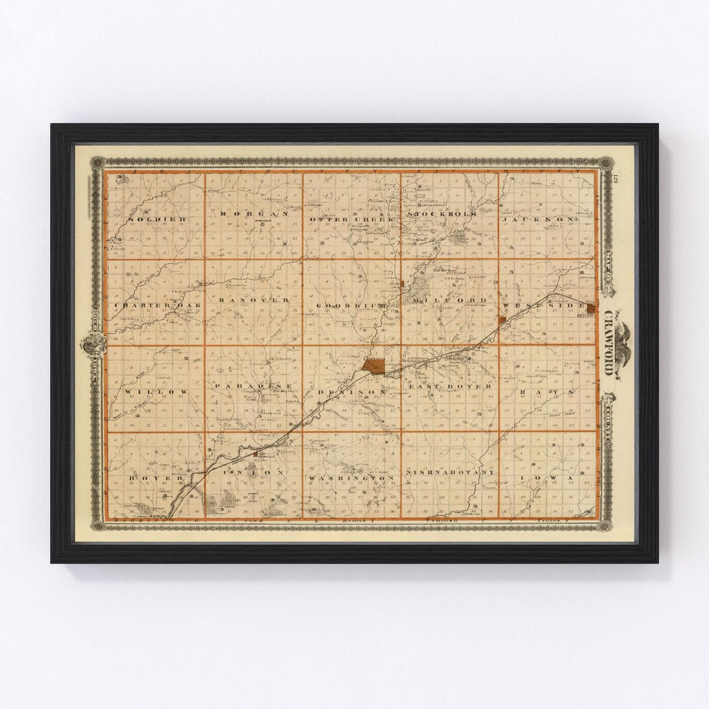 Vintage Map of Crawford County, Iowa 1875