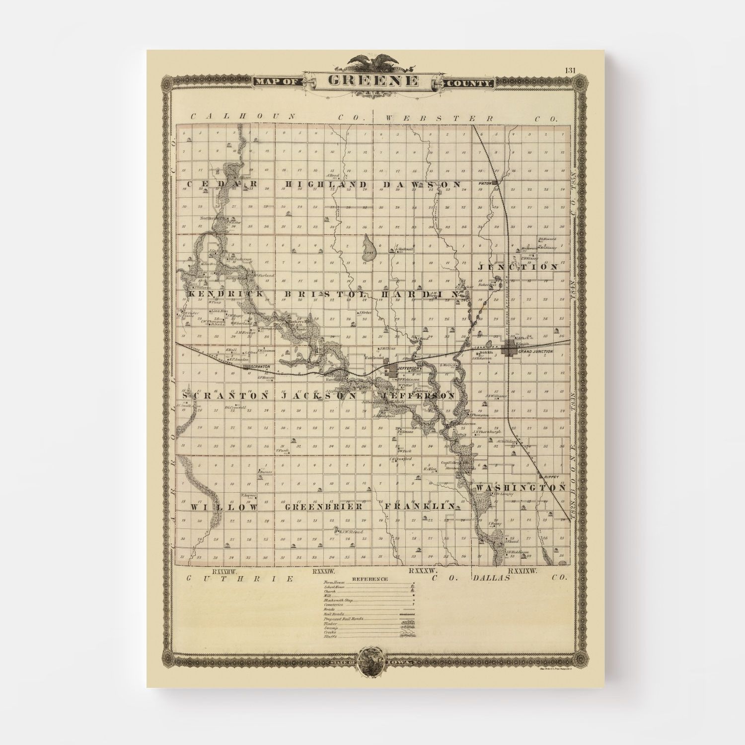 Vintage Map of Greene County, Iowa 1875