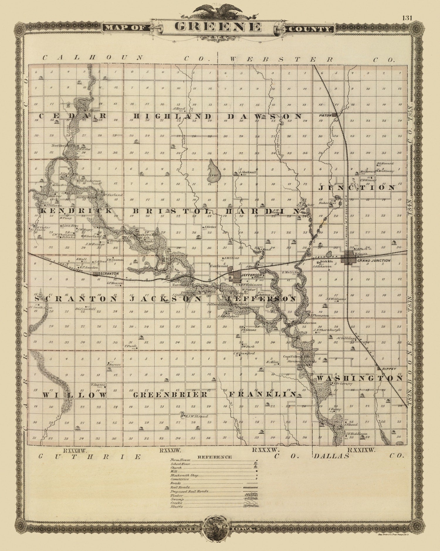 Vintage Map of Greene County, Iowa 1875