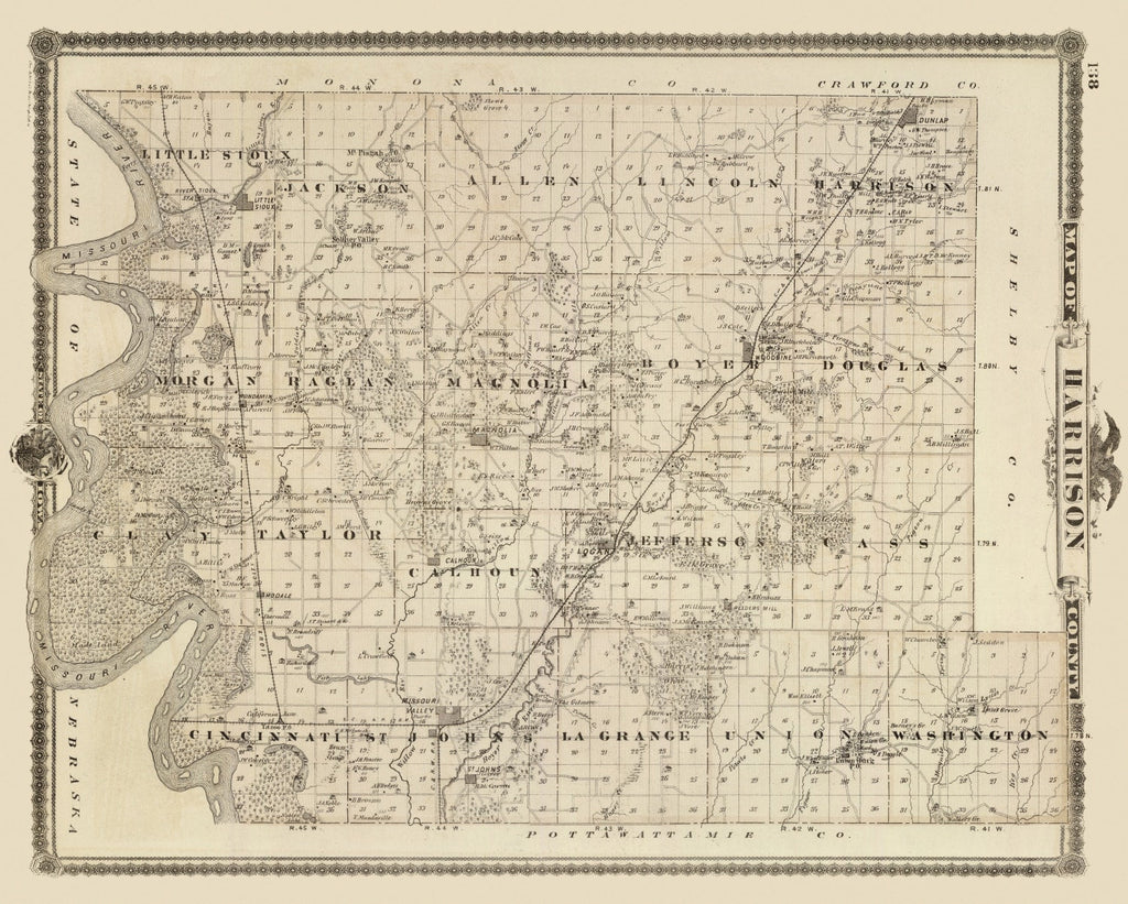 Vintage Map of Harrison County, Iowa 1875