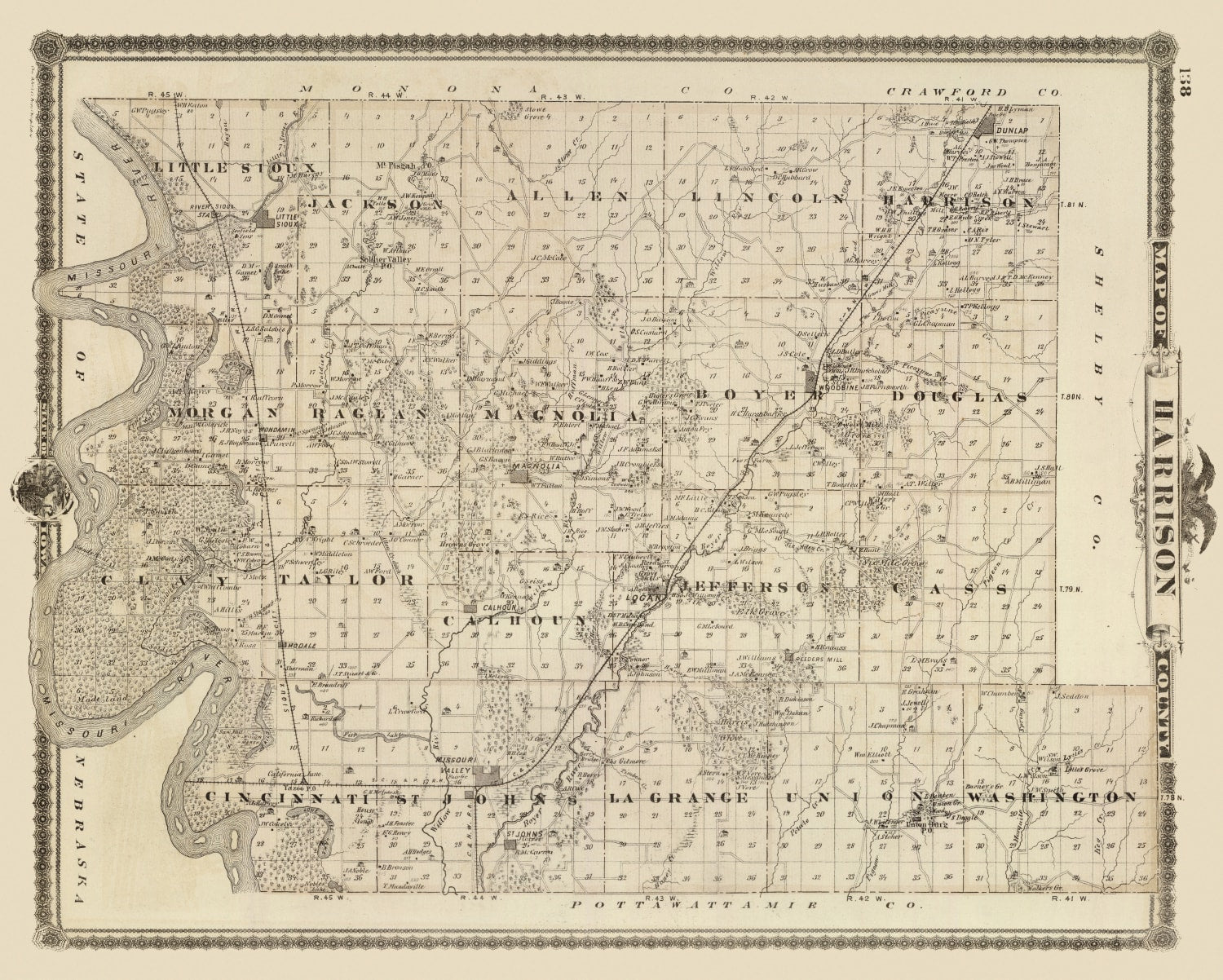Vintage Map of Harrison County, Iowa 1875