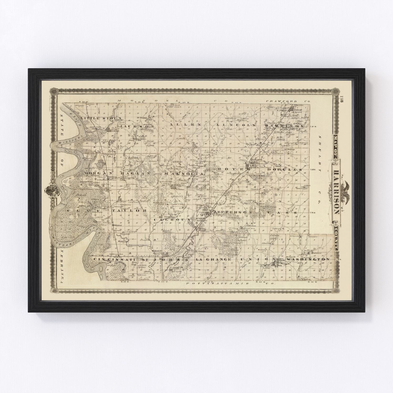 Vintage Map of Harrison County, Iowa 1875