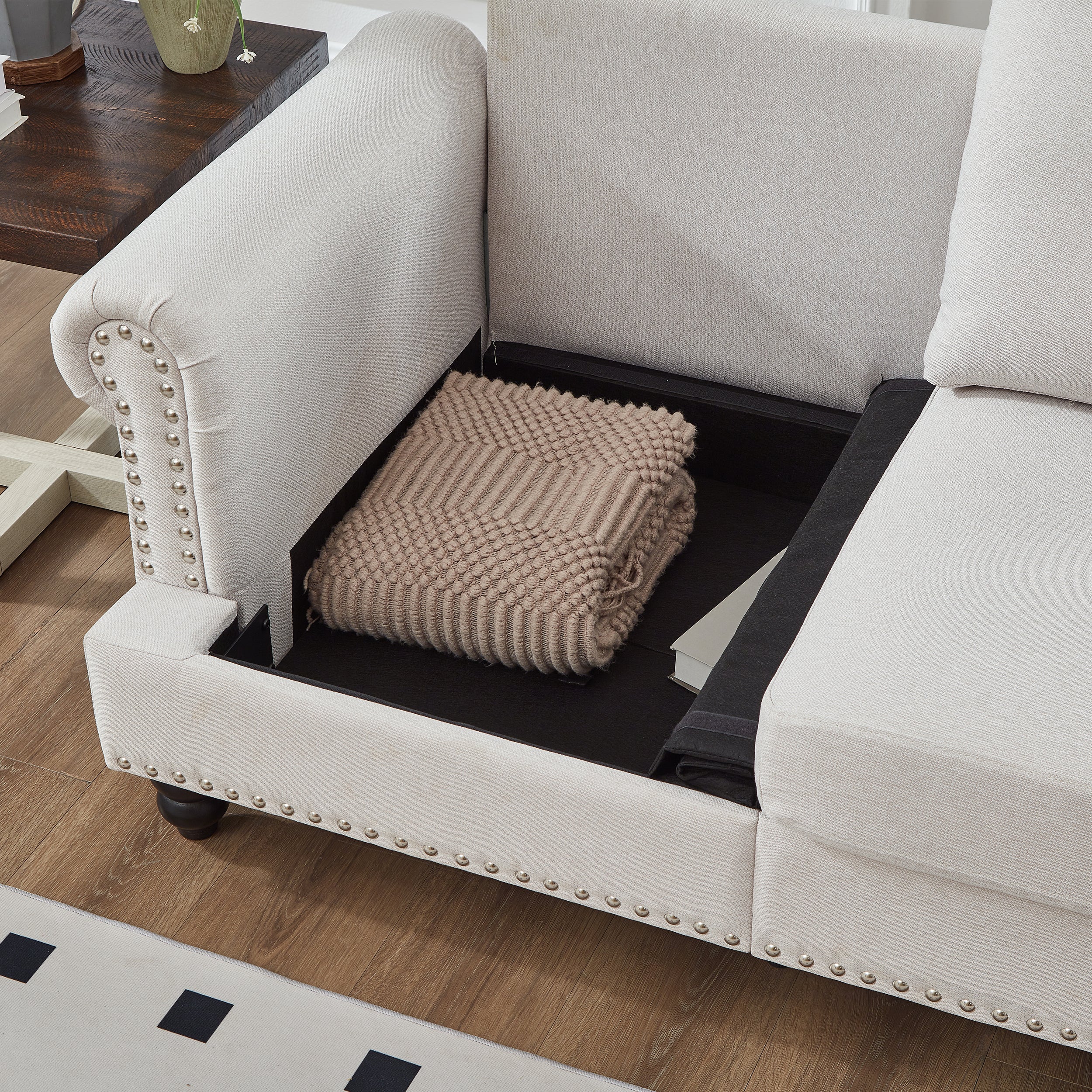 Modern Classic Design with Nails Living Room 2+3 seater Sofa Fabric Couch,Upholstered Polyester Beige.