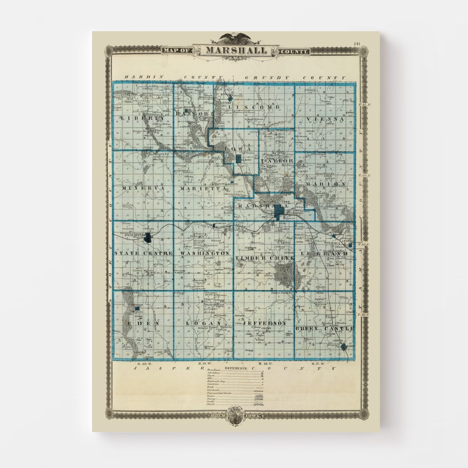 Vintage Map of Marshall County, Iowa 1875