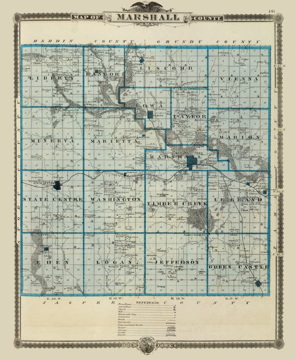 Vintage Map of Marshall County, Iowa 1875