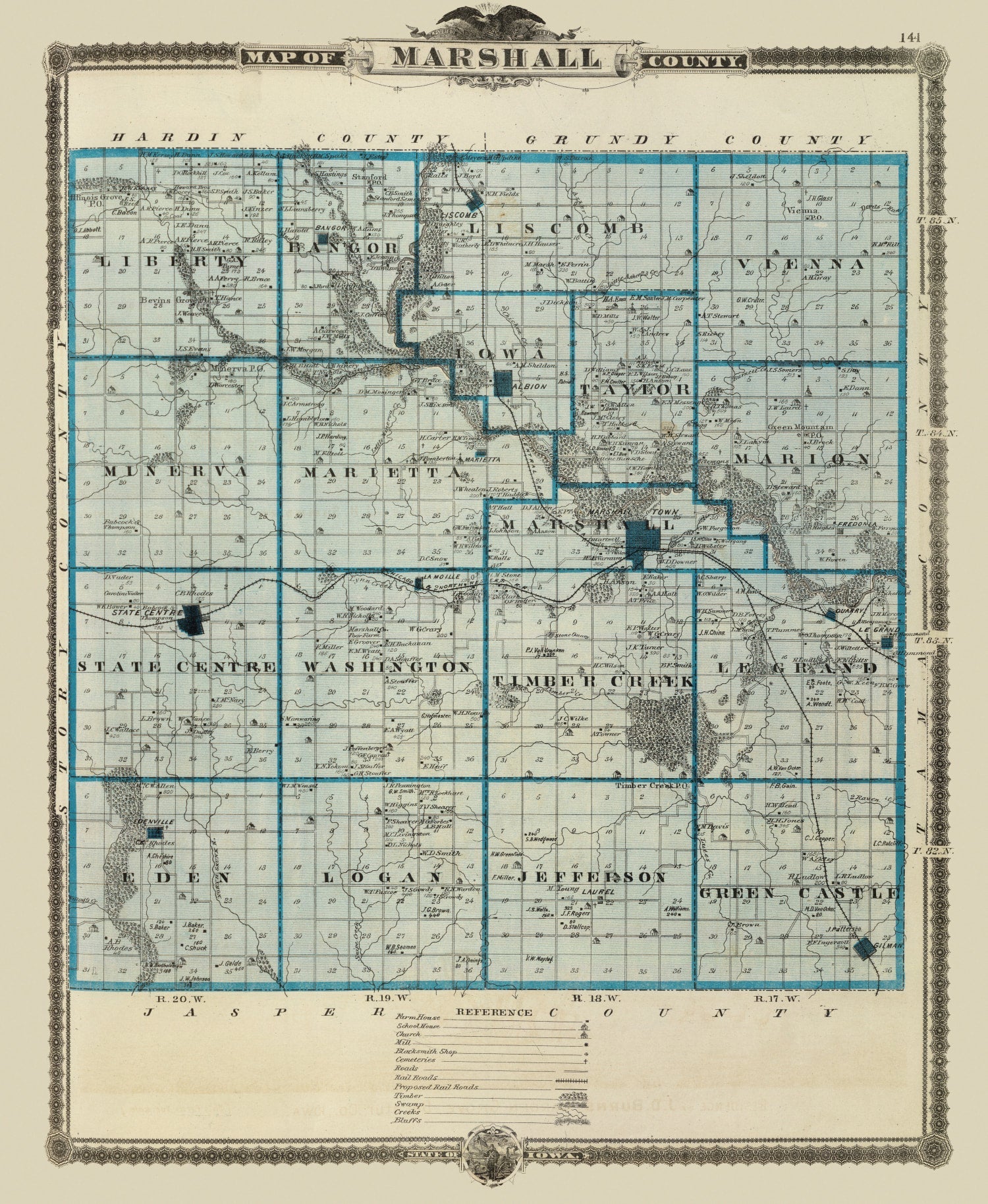 Vintage Map of Marshall County, Iowa 1875